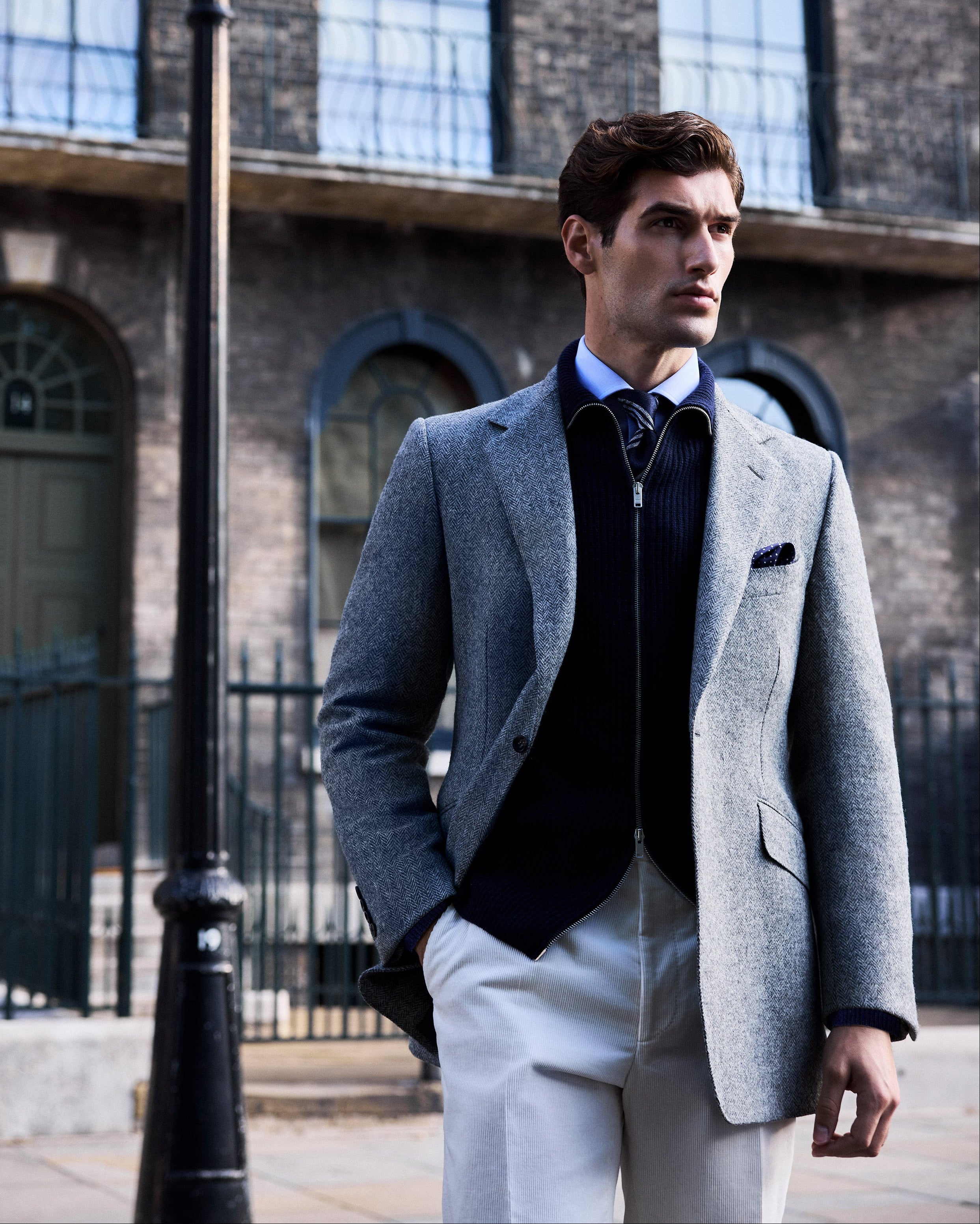 Grey Herringbone Single Breasted Jacket - Image 2