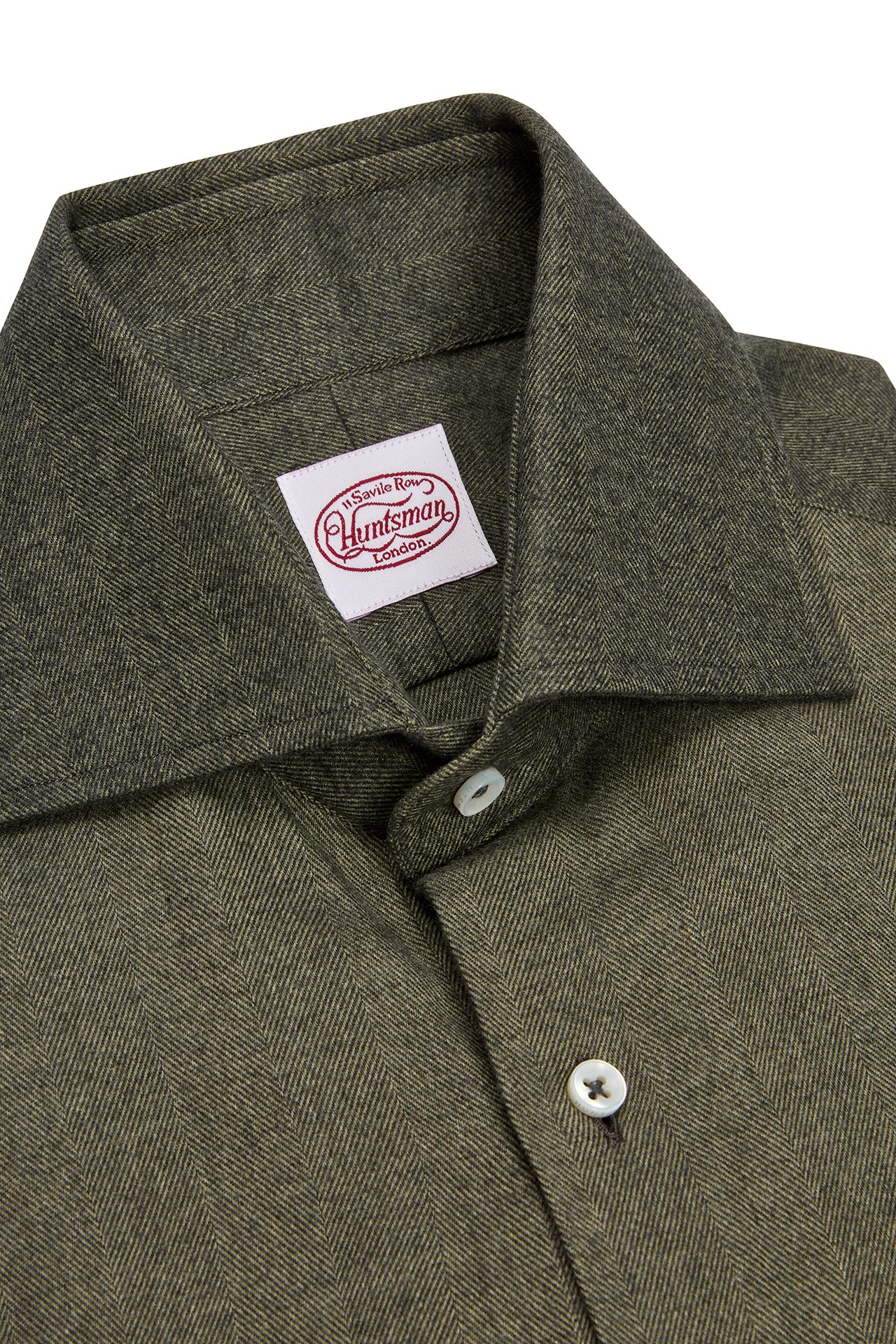 Green Brushed Cotton Herringbone Single Cuff Shirt - Image 2