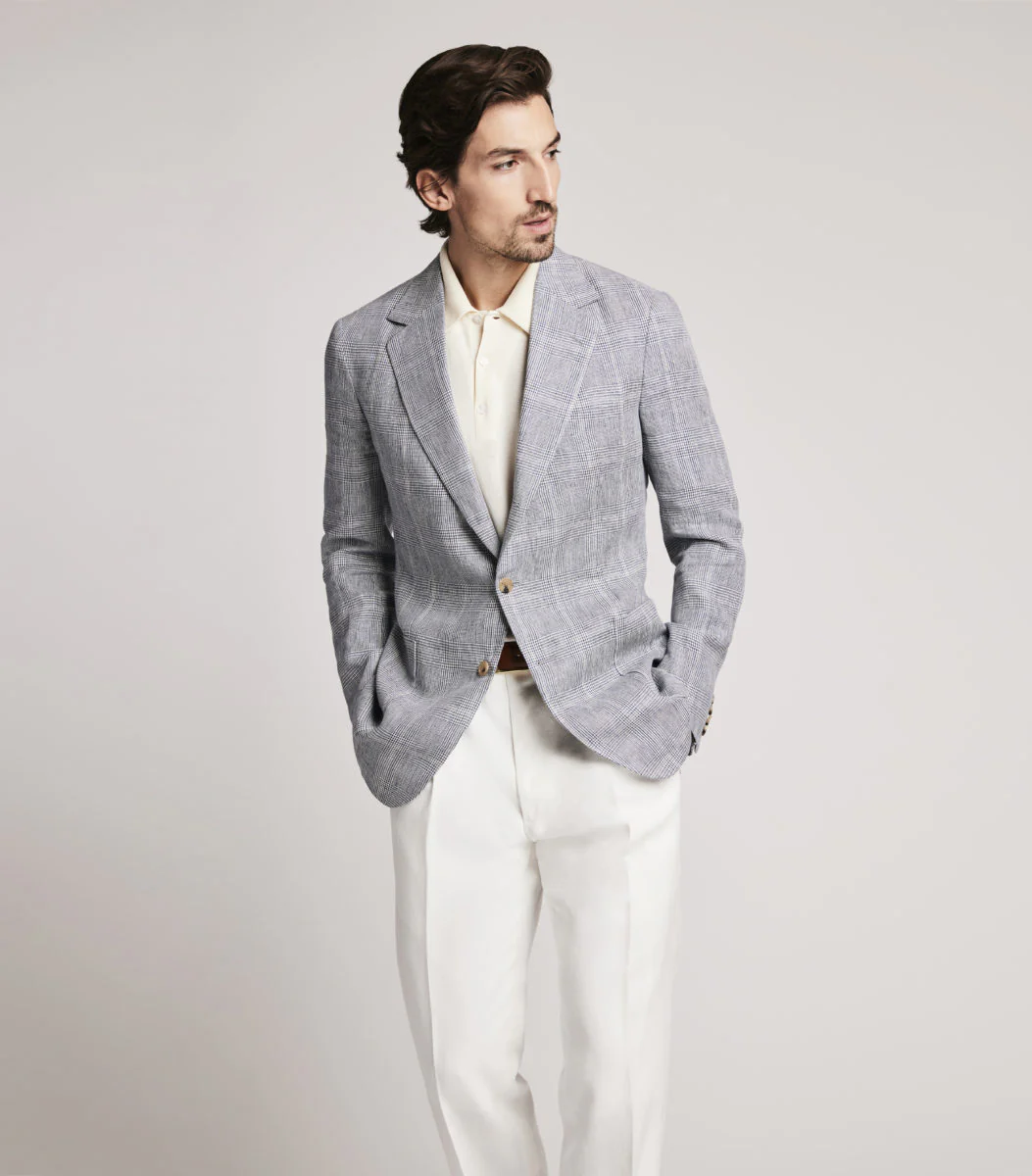 Light Blue Linen Single Breasted POW Check Jacket - Image 2