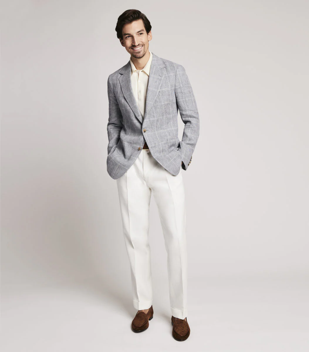 Light Blue Linen Single Breasted POW Check Jacket - Image 3