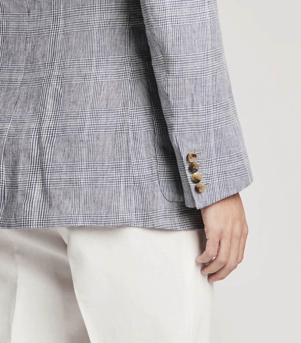 Light Blue Linen Single Breasted POW Check Jacket - Image 4