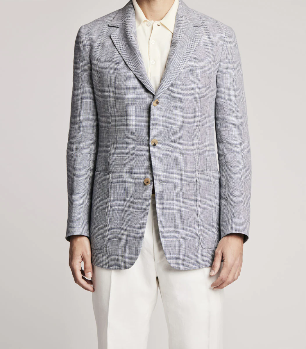 Light Blue Linen Single Breasted POW Check Jacket - Image 5